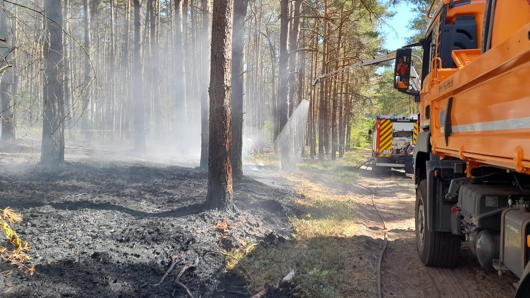 Kommunales Fahrzeug löscht Waldbrand